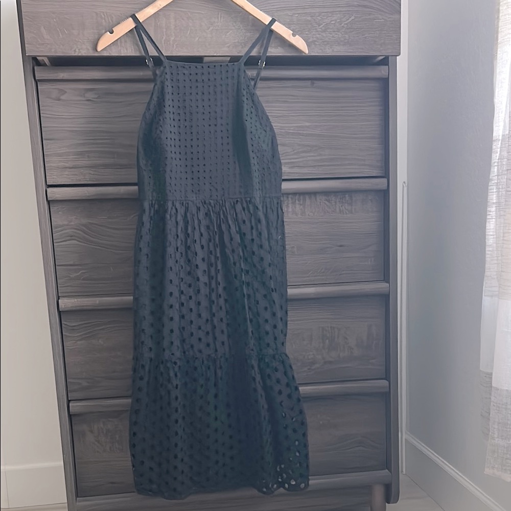 LOFT Eyelet Black Spaghetti Strap Midi Dress